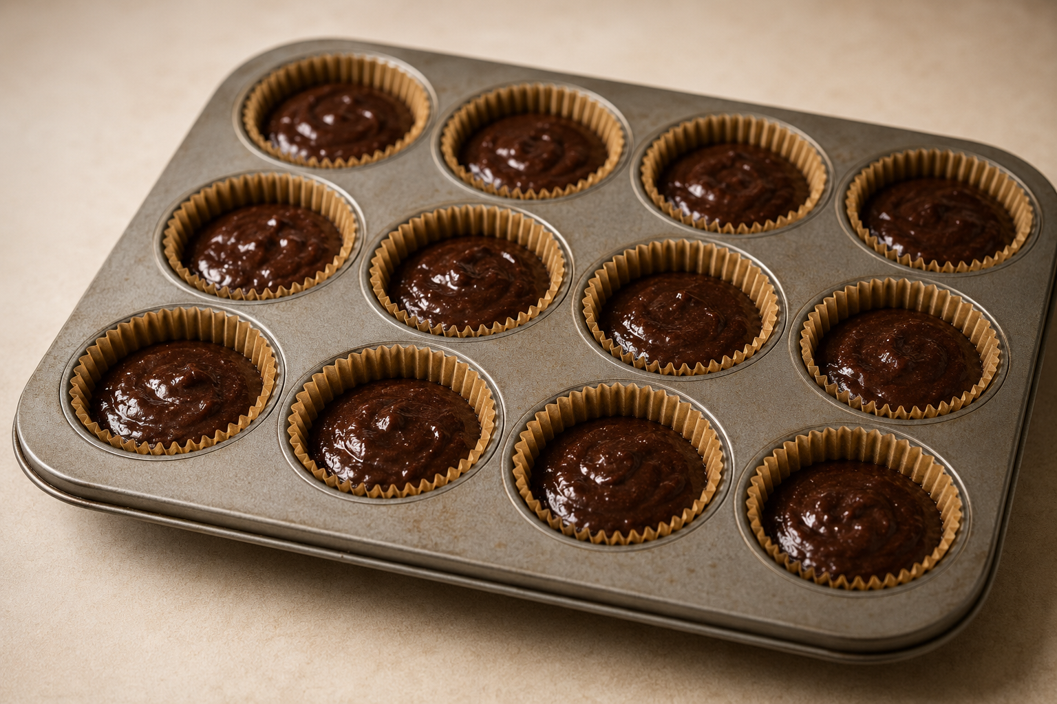 Dark chocolate cupcakes with piped frosting